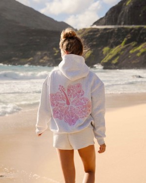 Pink Palm Puff Hawaii Hibiscus Hoodie Heather Cloud | 560MYWZSN