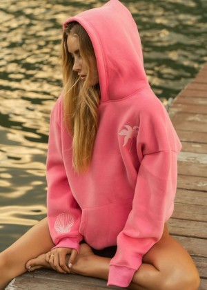 Pink Palm Puff Hawaii Hibiscus Hoodie Pink | 251ZOAJUS