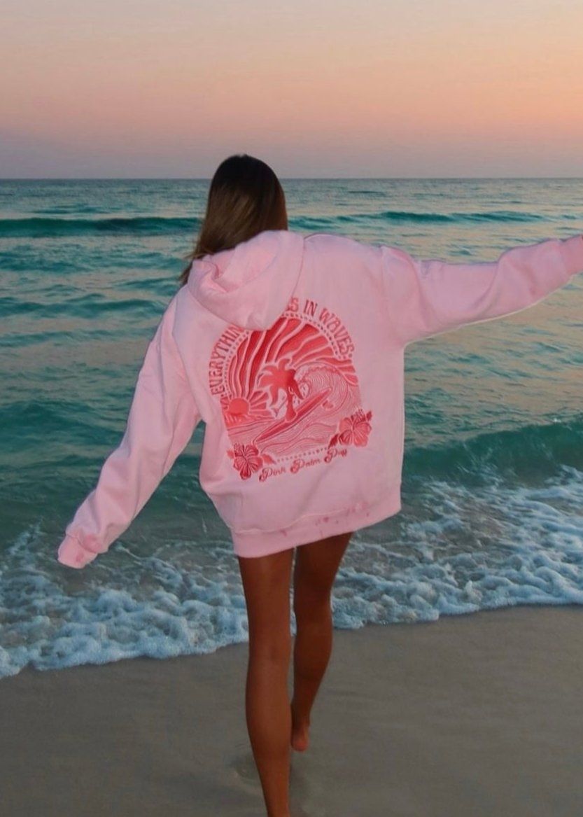 Pink Palm Puff Everything Comes in Waves Hoodie Pink | 810KPBSWN