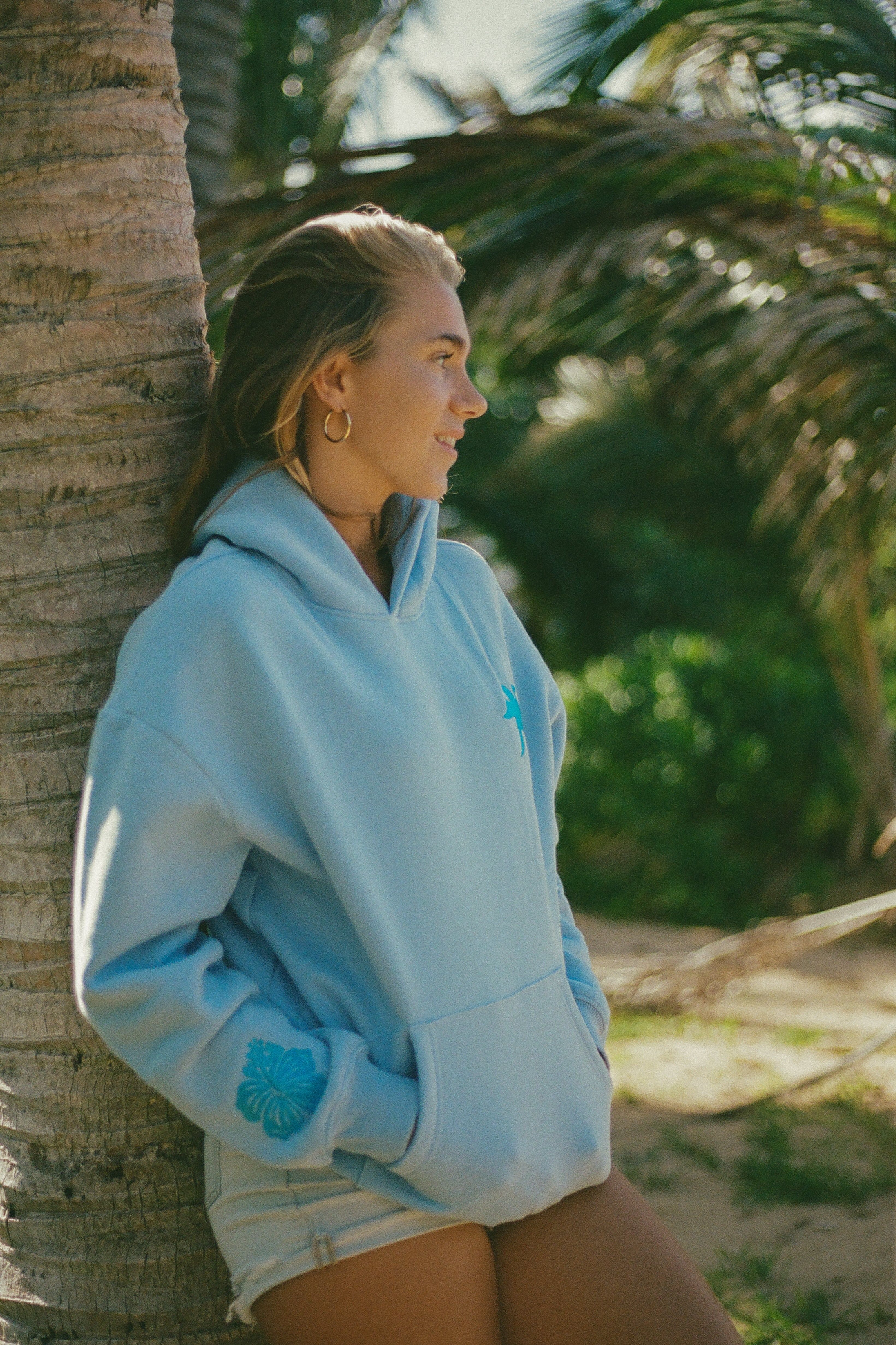 Pink Palm Puff Everything Comes in Waves Hoodie Blue | 521ZFPSGR