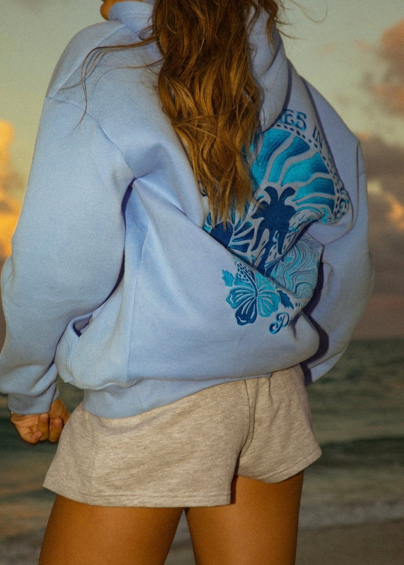 Pink Palm Puff Everything Comes in Waves Hoodie Blue | 521ZFPSGR