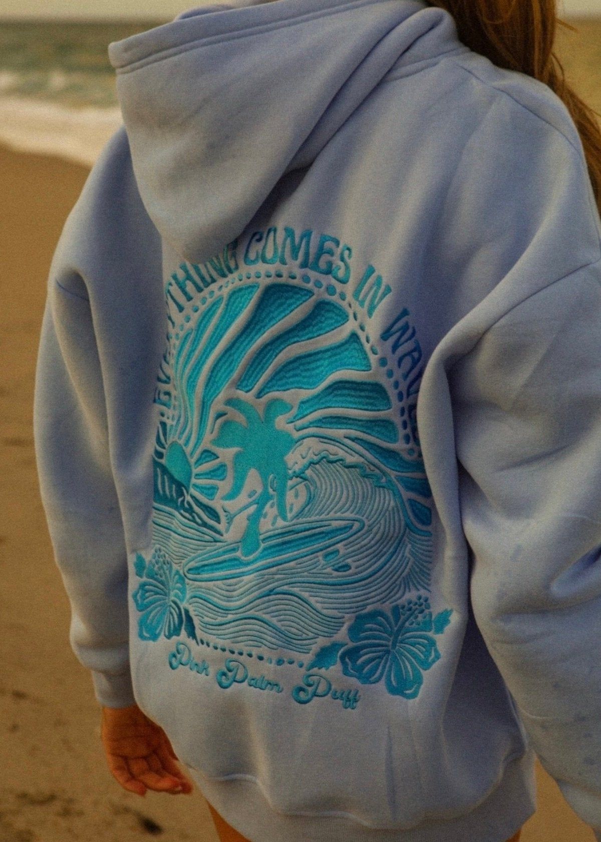 Pink Palm Puff Everything Comes in Waves Hoodie Blue | 521ZFPSGR