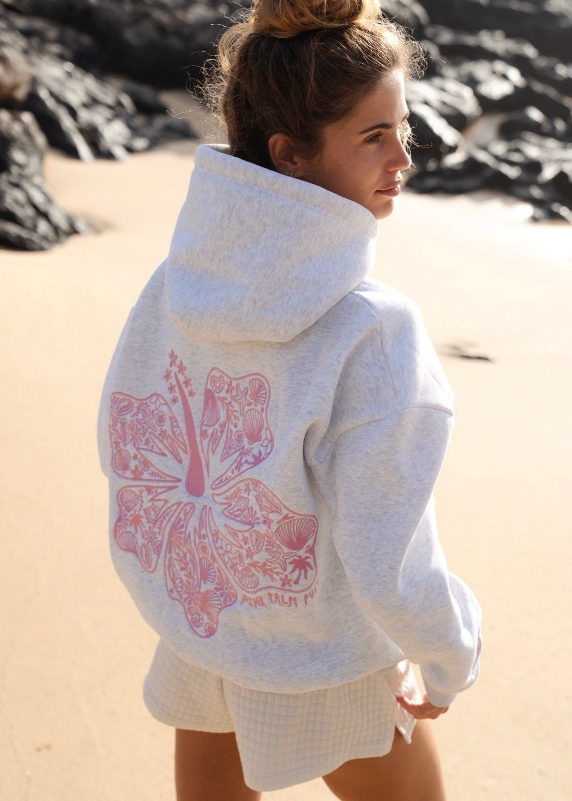 Pink Palm Puff Hawaii Hibiscus Hoodie Heather Cloud | 560MYWZSN