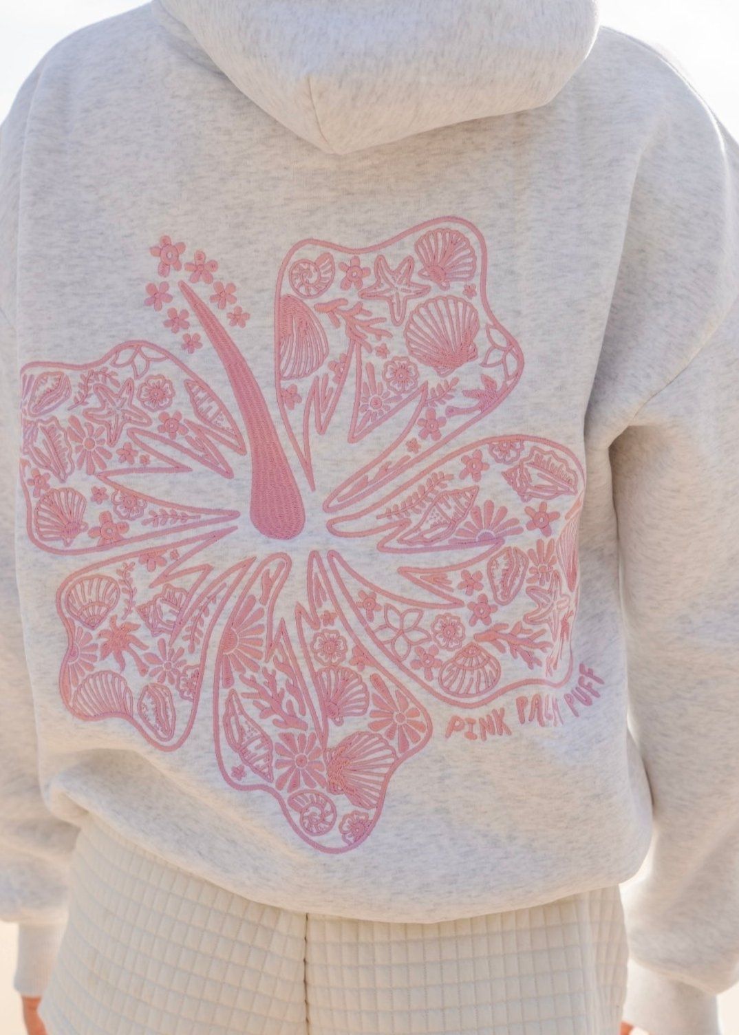 Pink Palm Puff Hawaii Hibiscus Hoodie Heather Cloud | 560MYWZSN