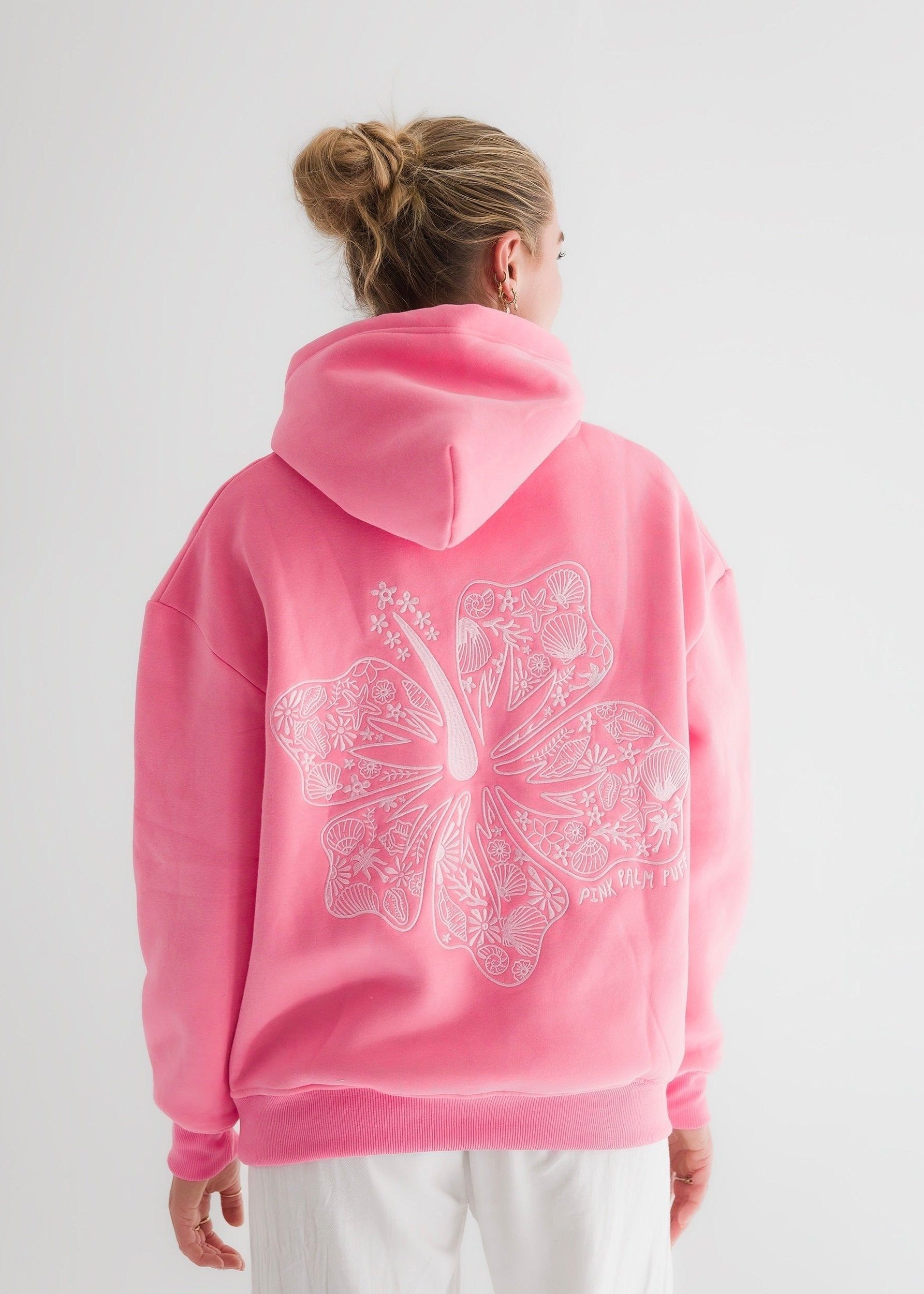 Pink Palm Puff Hawaii Hibiscus Hoodie Pink | 251ZOAJUS