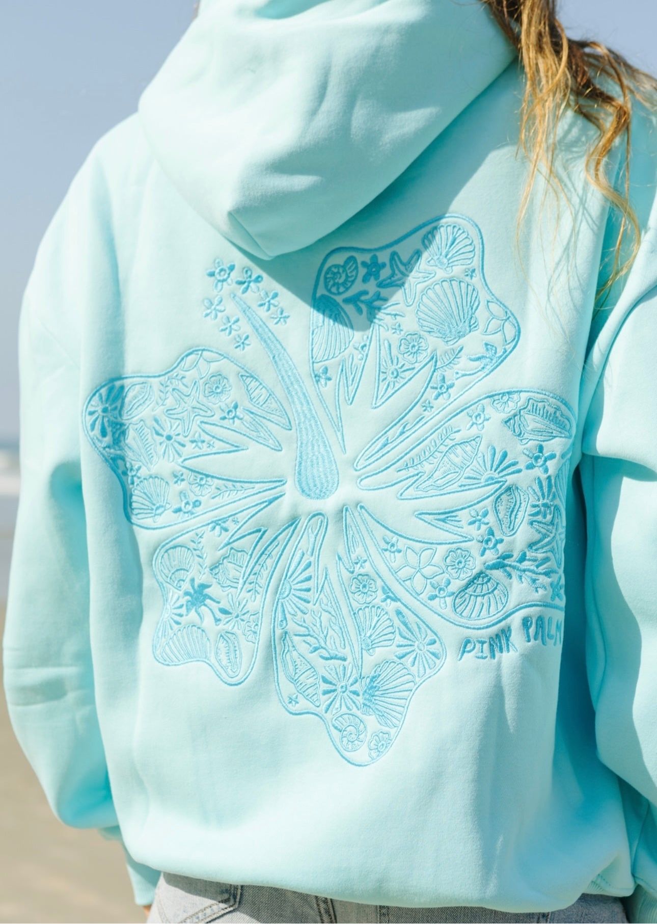 Pink Palm Puff Hawaii Hibiscus Hoodie Turquoise | 796JVAUIT